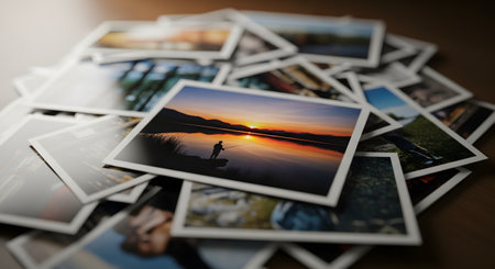 A scattered pile of printed photographs lies on a wooden surface, with the top picture showing a silhouette of a person fishing at a lake during a beautiful sunset. The collection evokes feelings of nostalgia, memories, and the art of photography.の素材