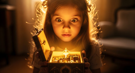 A young girl with wide, amazed eyes looks into an open music box she is holding, which is glowing with a magical, warm light. The light illuminates her face in a dimly lit room, highlighting her expression of wonder and discovery. A small ballerina figure is visible inside the enchanted box.の素材