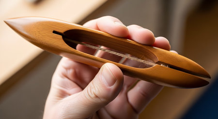 A close-up shot of a hand holding a traditional wooden weaving shuttle, a tool used in hand-weaving. The smooth, boat-shaped shuttle holds a bobbin with thread, ready to be passed through the warp on a loom. This image represents textile arts, traditional crafts, hand-weaving, and artisanal work.の素材