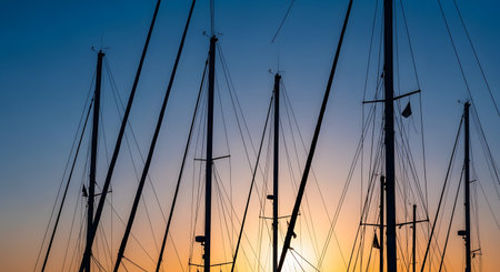 Silhouettes of several sailboat masts and rigging stand against a stunning gradient sunset sky. The warm colors of orange and yellow at the horizon transition to a deep blue, evoking a sense of peace and tranquility at a marina.の素材
