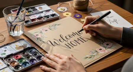 A person is using a black pen to create beautiful calligraphy that reads 'Welcome Home' on a piece of kraft paper decorated with floral watercolor illustrations. The artist's desk is filled with creative supplies like watercolor palettes, a glass of water, and pressed flowers.の素材
