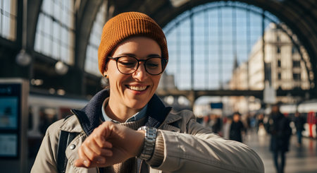 A smiling young woman wearing a beanie and glasses checks the time on her wristwatch while standing in a bustling train station. The background shows the grand architecture of the station, conveying themes of travel, punctuality, and commuting.の素材