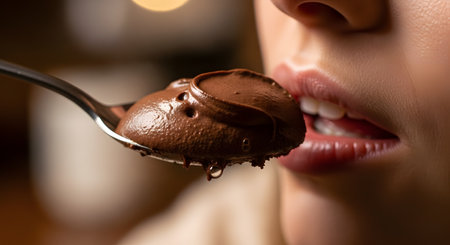 An extreme close-up of a woman's mouth about to eat a spoonful of rich, creamy chocolate mousse. The dark, decadent dessert is on a metal spoon, with soft, blurred lights in the background. This image conveys indulgence, pleasure, and sweet temptation.の素材