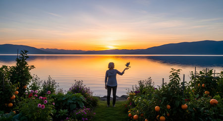 A woman stands in a lush garden filled with flowers and orange trees, overlooking a calm lake at sunset. She holds her hand out, and a small bird is perched on it. The tranquil scene reflects peace, harmony with nature, and a beautiful landscape.の素材