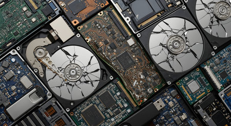 A top-down view of multiple broken and obsolete computer hard drives and USB flash drives. Some hard drive platters are visibly shattered, illustrating concepts of data loss, digital security breach, or electronic waste.の素材