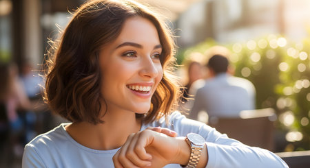A beautiful, smiling woman with short brown hair sits at an outdoor cafe, bathed in warm sunlight. She is looking to the side with a happy expression while checking the time on her wristwatch. The background is softly blurred, showing other patrons and greenery, creating a pleasant, relaxed atmosphere.の素材