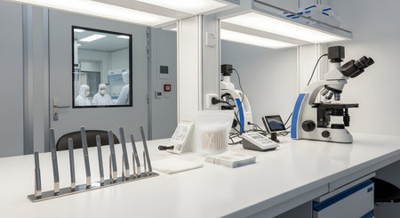 A pristine and modern scientific laboratory or cleanroom with advanced equipment. A microscope and other instruments are neatly arranged on a white workbench under bright, sterile lighting. The reflection in a windowed door shows researchers in protective cleanroom suits, suggesting high-tech research, pharmaceutical development, or scientific discovery.の素材