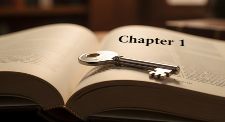 A vintage metal key rests on the pages of an open book, pointing to the words 'Chapter 1'. The soft, warm lighting creates a scholarly and mysterious atmosphere, symbolizing new beginnings, knowledge, and unlocking secrets.の素材