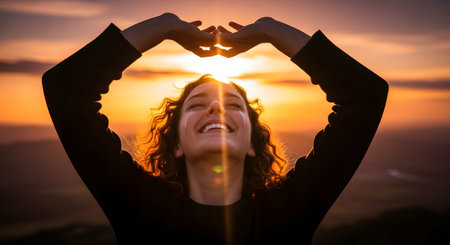 A backlit woman smiles with her eyes closed, tears of joy streaming down her face, as she stands against a brilliant golden sunset. She raises her arms and forms a heart shape with her hands above her head. The image conveys powerful emotions of happiness, gratitude, and love.の素材