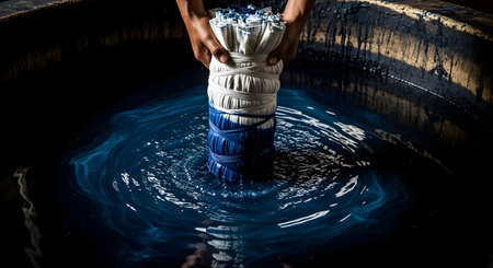 An artisan's hands dip a tightly bound bundle of fabric into a large, dark vat of natural indigo dye, a process known as shibori or tie-dye. The deep blue dye swirls in the water, creating beautiful patterns and highlighting the traditional craft of textile dyeing.の素材
