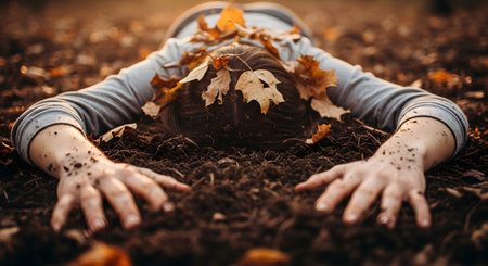 A person lies face down on the ground, surrounded by rich soil and fallen autumn leaves. Their hands are splayed out on the dirt, which is caked on their skin. This evocative image could represent concepts of defeat, surrender, exhaustion, or a deep connection to nature.の素材