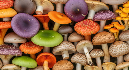 A top-down view of a dense, colorful assortment of various wild mushrooms. The collection includes diverse species in purple, green, orange, red, brown, and yellow, creating a vibrant natural texture.の素材