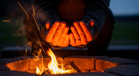 A person warms their hands over a brick fire pit at dusk. The warm glow of the fire illuminates their cupped hands and rising sparks. The image evokes feelings of warmth, comfort, camping, and a cozy outdoor evening.の素材
