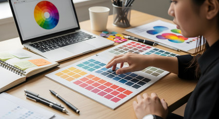 A graphic designer working at her desk, selecting a color from a printed swatch palette. Her laptop displays a color wheel, and the workspace is filled with design tools, color guides, and notebooks. The image illustrates the process of creative design, color theory, and professional branding.の素材