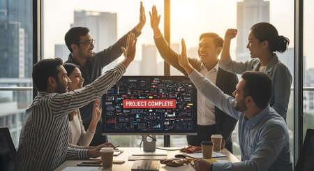 A diverse team of happy business professionals celebrates a success in a modern office meeting room. They are giving high-fives around a computer monitor that displays 'PROJECT COMPLETE'. The atmosphere is joyful and collaborative, with a city skyline visible through the window.の素材