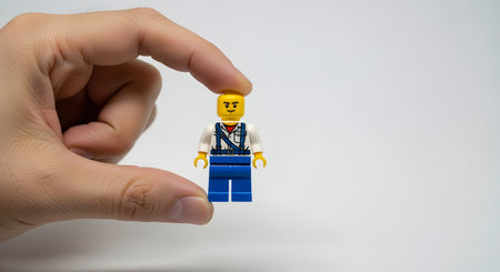 A person's hand holds a small plastic toy minifigure between their thumb and forefinger against a plain white background. The minifigure has a smiling face, a white shirt with a blue vest, and blue pants. This image represents toys, play, and childhood.の素材
