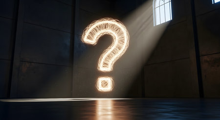 A large, glowing question mark made of light particles hovers in the center of a dark, cavernous room. A single beam of light shines down from a window, illuminating the symbol and creating a mysterious and thought-provoking atmosphere.の素材