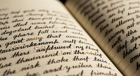 A close-up, macro shot of an open old book or journal. The aged, cream-colored paper is filled with elegant, handwritten cursive script, though the words are not legible. The image evokes a sense of history, memory, or literature.の素材