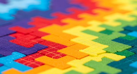 A close-up, selective focus shot of interlocking foam puzzle pieces arranged in a vibrant rainbow pattern. The textured surface of the colorful blocks creates an engaging and playful background representing concepts of diversity, connection, problem-solving, and teamwork.の素材