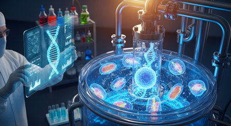 In a futuristic laboratory, a scientist analyzes a holographic interface showing a DNA double helix and other data. In front of him, a glowing blue bioreactor cultivates cells, illustrating advanced concepts in genetic engineering, biotechnology, and medical research.の素材