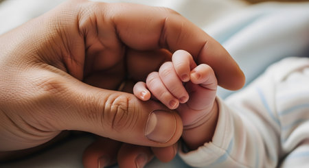 A tender close-up of a newborn baby's tiny hand grasping onto an adult's thumb. The image captures a moment of connection, love, and protection between a parent and child. The soft lighting and gentle grip emphasize family bonds, new life, and fragility.の素材
