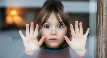 A young child with wide, surprised eyes presses their face and hands against a glass window. The glass has some smudges and perhaps raindrops on it, and the child's reflection is partially visible. The image conveys curiosity, innocence, or perhaps loneliness.の素材