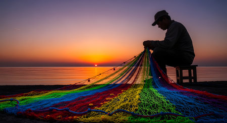 A silhouette of a fisherman in a hat sits on a stool on the beach, mending a large, colorful fishing net at sunset. The net is dyed in vibrant rainbow colors (red, yellow, green, blue) and spread out on the sand. The sun dips below the ocean horizon in the background.の素材