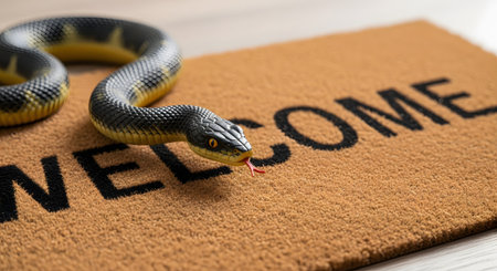 A conceptual and ironic image of a black and yellow snake slithering across a brown doormat that reads 'WELCOME'. The scene represents betrayal, hidden danger, an unwelcome guest, or false hospitality. The focus is on the contrast between the friendly message and the threatening reptile.の素材