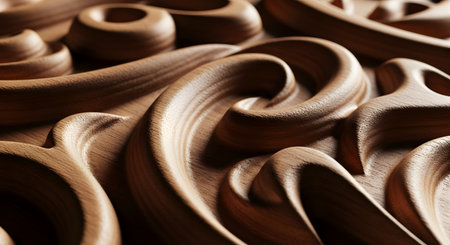 A detailed macro shot of an elegant wood carving with smooth, flowing, and ornate patterns. The light beautifully captures the rich texture and grain of the natural wood. This image highlights traditional craftsmanship, artistry, and decorative furniture design.の素材