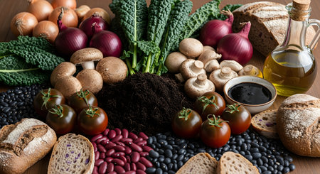 An abundant arrangement of fresh, umami-rich foods, including cremini mushrooms, kale, tomatoes, red onions, black and kidney beans, and rustic bread. A pile of rich soil, olive oil, and balsamic vinegar complete the composition, highlighting nutritious, plant-based ingredients.の素材