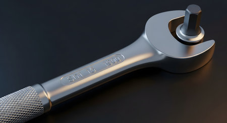 A high-quality 3D render of a sleek, chrome ratchet wrench with a knurled handle and a hex bit. The tool is placed on a dark, reflective surface, highlighting its clean design and metallic texture.の素材