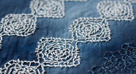 A detailed close-up shot of traditional Japanese Sashiko embroidery. White thread creates intricate, geometric patterns on a deep blue, indigo-dyed fabric. The image highlights the texture of the running stitches, showcasing craftsmanship, textile art, and cultural heritage.の素材