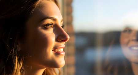 A beautiful young woman with a gentle smile looks thoughtfully out of a window, her face illuminated by the warm glow of the sun. Her faint reflection is visible in the glass, creating a hopeful and optimistic atmosphere.の素材