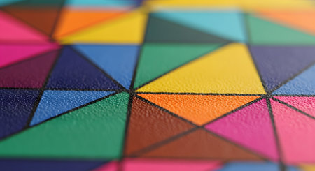 A close-up, macro view of a surface with a vibrant geometric pattern composed of multi-colored triangles. The textured surface and sharp black lines create a dynamic and modern abstract background with a shallow depth of field.の素材