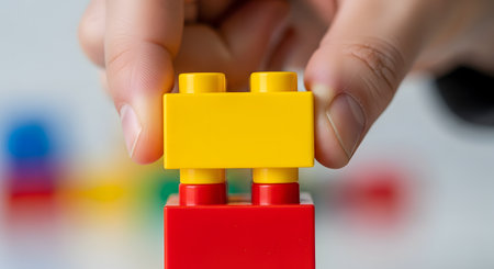 A close-up of a hand placing a yellow toy building block on top of a red one. The colorful plastic blocks are being stacked, representing concepts of building, creation, learning, and childhood play. The background is softly blurred.の素材