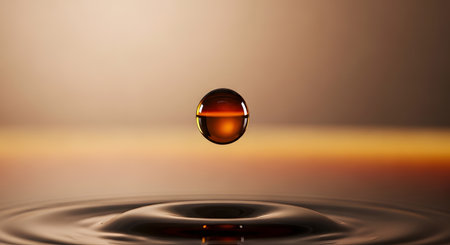 A high-speed macro photograph captures a single, perfectly spherical droplet of amber-colored liquid frozen in time just before it hits a tranquil surface below. The image, set against a warm gradient background, creates a sense of calm, purity, and minimalism.の素材