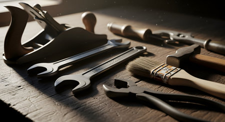 A collection of various hand tools resting on a rustic wooden workbench, illuminated by warm, atmospheric light. The tools include a hand plane, wrenches, pliers, a hammer, and a paintbrush, evoking concepts of craftsmanship, carpentry, and manual labor.の素材