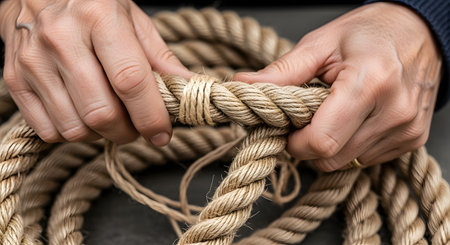 A detailed close-up shot of a person's hands firmly holding a section of thick, heavy-duty natural fiber rope. The image highlights the texture of the braided rope and conveys concepts such as strength, connection, reliability, and hard work.の素材