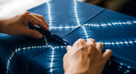 A close-up of an artisan's hands carefully folding a deep indigo-dyed fabric. The material features a beautiful white geometric pattern created using the traditional Japanese Shibori or Indonesian tie-dye technique. The image highlights the process of textile art, craftsmanship, and handmade creation.の素材