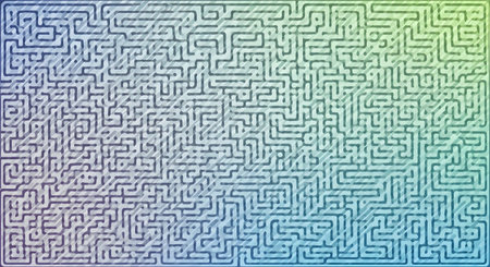 A complex and intricate maze or labyrinth pattern fills the entire frame. The dark, detailed pathways are set against a soft, colorful background with a blue-to-green gradient. This image represents complexity, problem-solving, puzzles, and finding a path.の素材