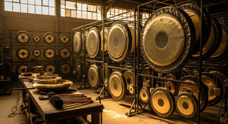 An atmospheric view of a traditional workshop filled with numerous bronze gongs of various sizes hanging on metal racks. A workbench in the foreground holds mallets and other tools, showcasing the craft of making these traditional Asian musical instruments.の素材