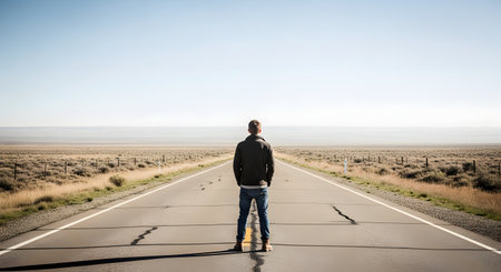 A man seen from behind stands in the center of a long, straight, and empty road that stretches to the horizon through a vast, arid landscape. The clear blue sky and open space evoke feelings of journey, freedom, solitude, and facing an unknown future. This is a conceptual image about life's path and decisions.の素材