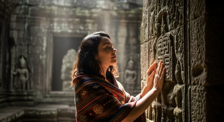 A woman with a serene expression and closed eyes gently touches the intricate stone carvings on the wall of an ancient temple. Beams of light shine down, creating a spiritual and mystical atmosphere of connection with history and the past.の素材