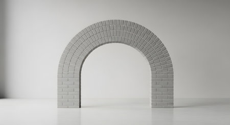 A minimalist architectural feature of a standalone arch, constructed from white or light gray bricks, in an empty white studio or room. The clean, modern design creates a simple, abstract portal or gateway on a reflective white floor.の素材
