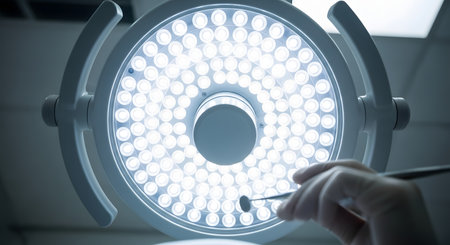 A patient's point-of-view shot looking up at a bright, circular LED surgical lamp in a medical clinic. A dentist's or surgeon's hand holds a metal instrument, preparing for an examination or procedure.の素材