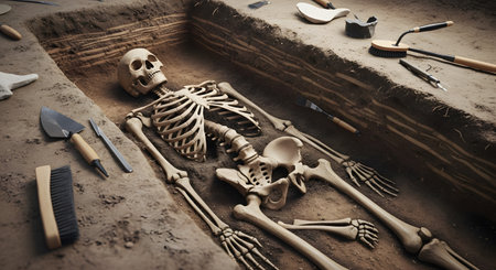 An archaeological excavation site where a complete human skeleton lies unearthed in a carefully dug trench. Various archaeological tools, such as trowels and brushes, are placed around the remains, indicating a scientific and historical discovery.の素材