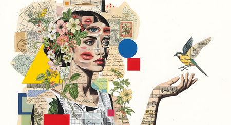 A surreal, retro-style collage made from various paper cutouts. It features a woman's fragmented face adorned with flowers, juxtaposed with musical notes, postage stamps, and geometric shapes. A hand, also made of sheet music, releases a small bird.の素材