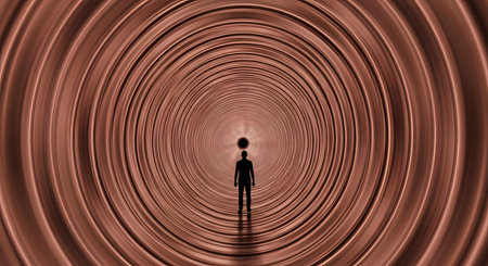 A silhouette of a person standing in the middle of a long, abstract tunnel made of brown, concentric circles or ripples. The figure stands before a dark point at the end of the tunnel. This image conveys concepts of mystery, the unknown, a journey, or a vortex.の素材