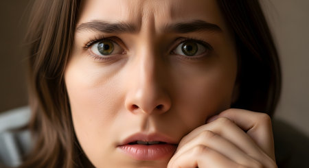 A close-up portrait of a young woman's face shows her with wide, fearful eyes and a worried expression. Her hand is near her mouth, emphasizing a feeling of anxiety, fear, shock, or deep concern.の素材