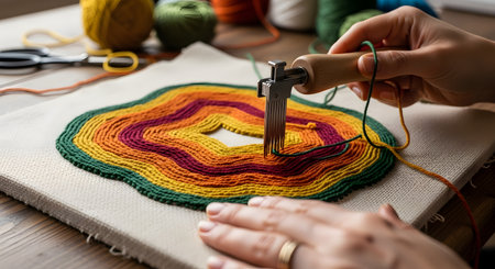 Close-up on a person's hands using a punch needle tool to create a colorful piece of textile art with a looped texture. The yarn forms concentric, organic shapes in warm colors like yellow, orange, red, and green. This image showcases the popular craft of punch needling, a creative and therapeutic hobby.の素材